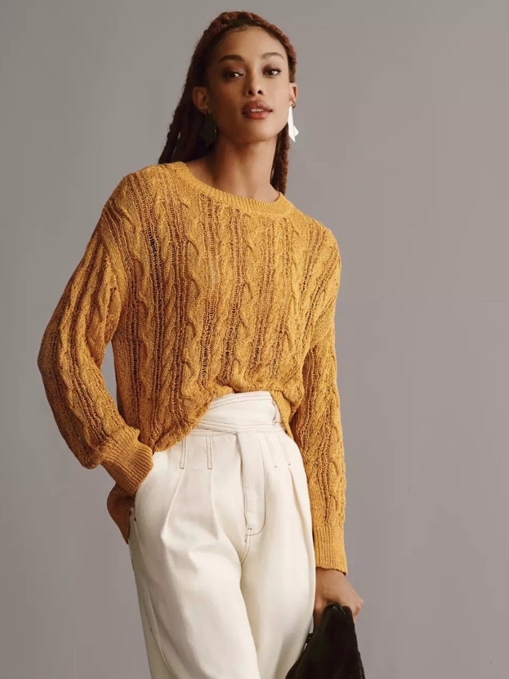 Women’s Anthropologie Sheer Cable Sweater Mustard Yellow Size S